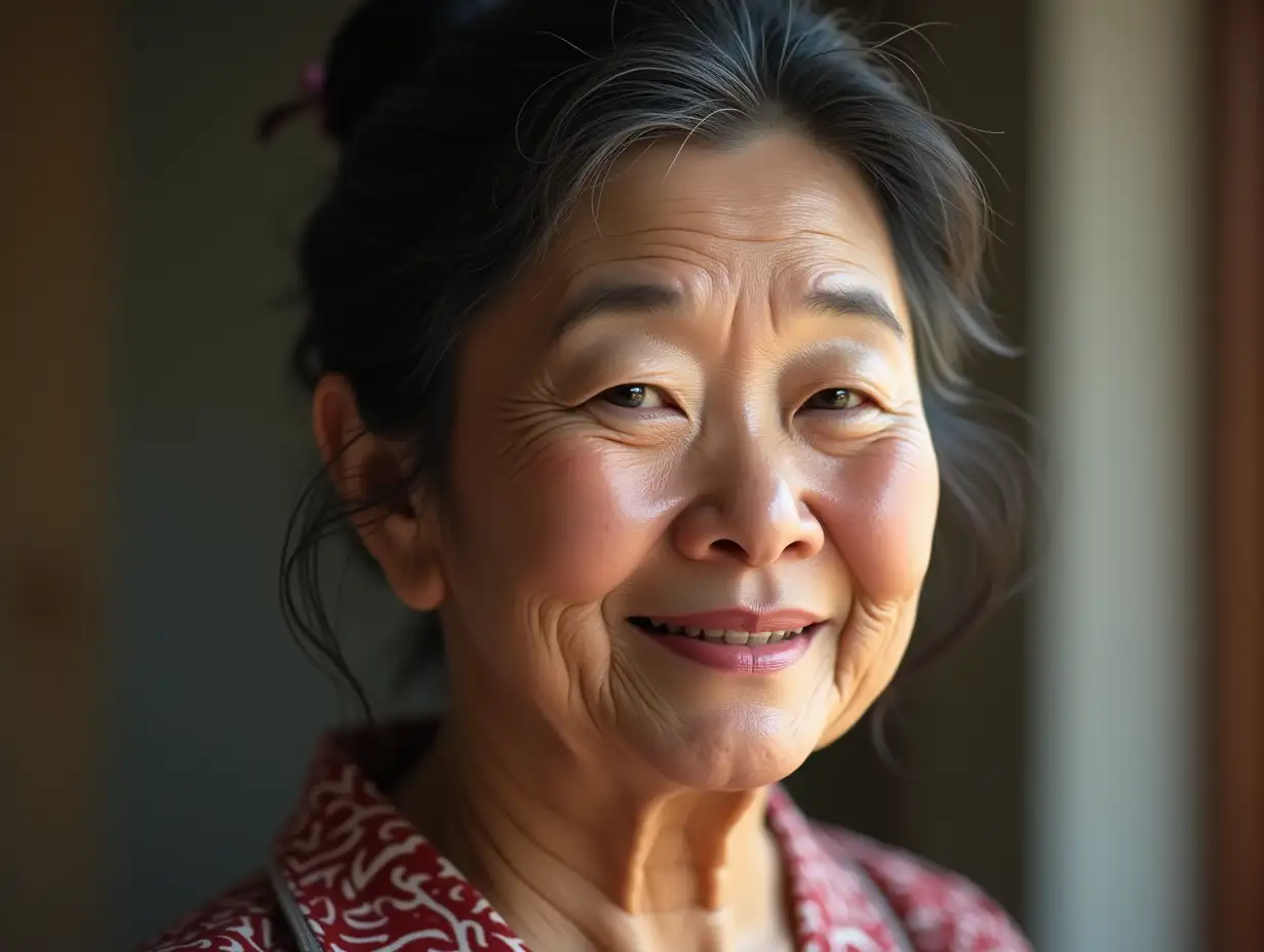 Create a photorealistic image of a woman age 60 with Nezuko face