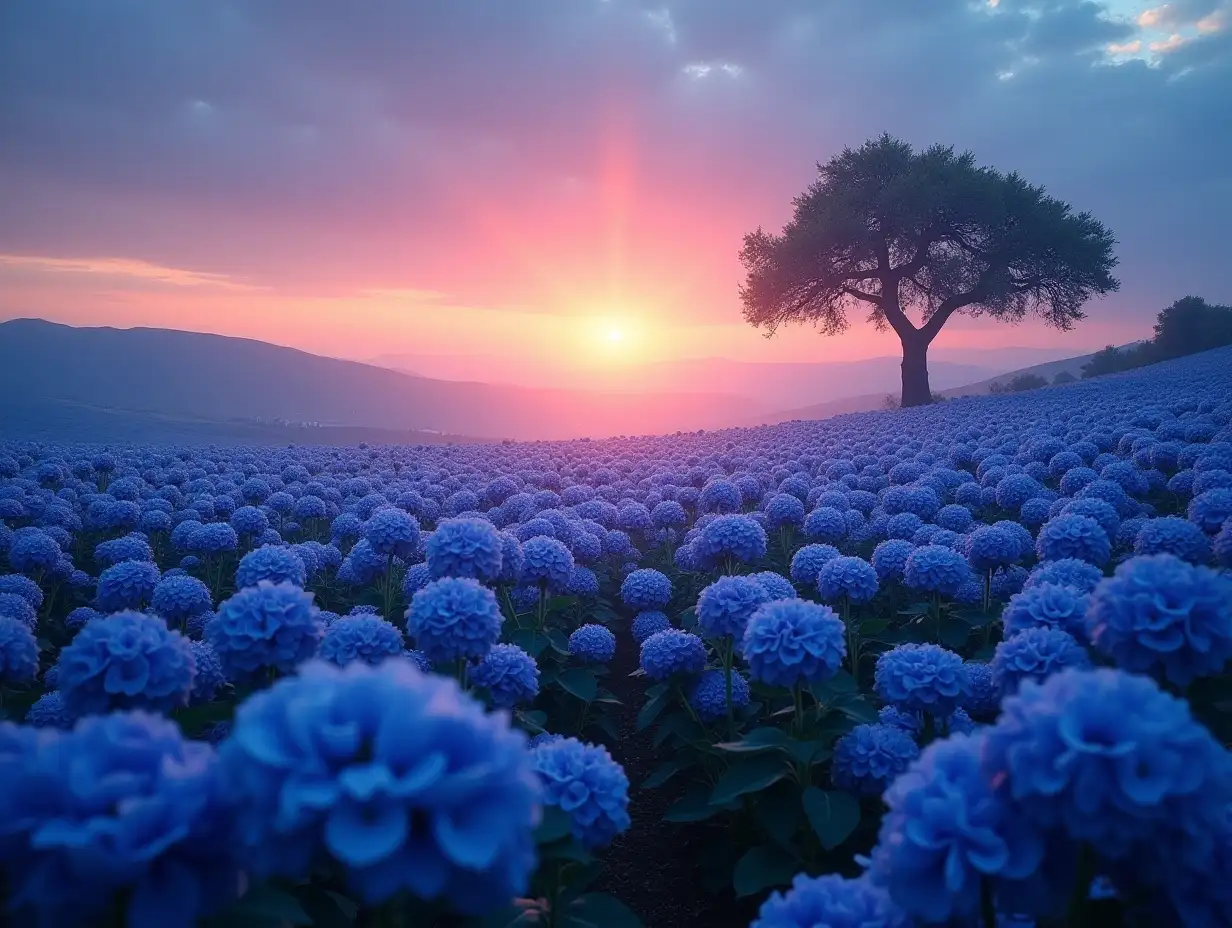 The vast valley of blue roses, in the distance the dawn gradually appears