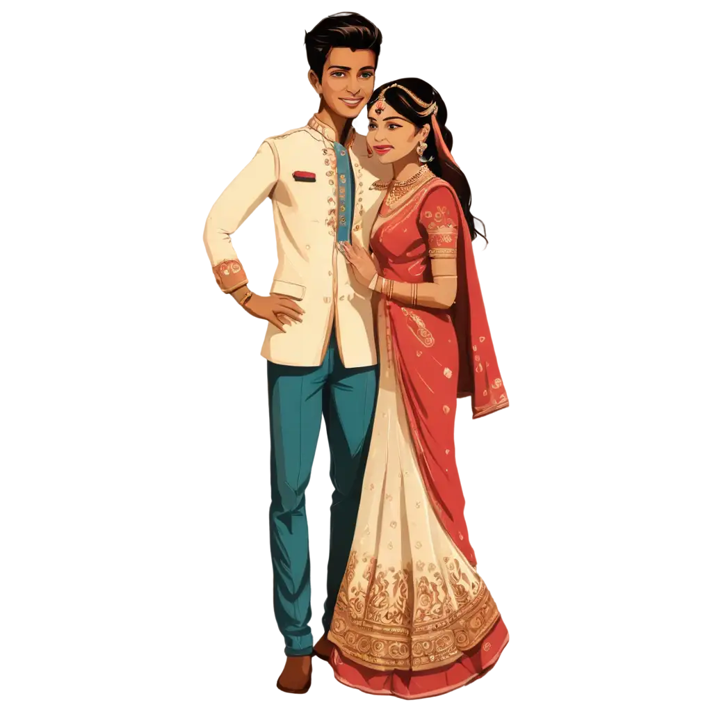 Indian Wedding couple, illustration style