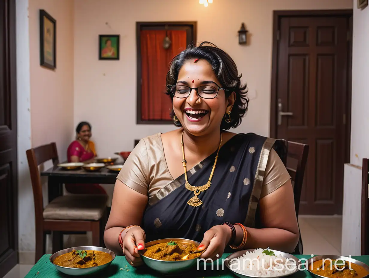 An Indian mature curvy married woman wearing a mangalsutra, a night wear, with short open hairs, wearing a spectacles and bangles on hands, she is happy and laughing sitting in front of a dining table with rice and mutton curry dish on bowl in a home