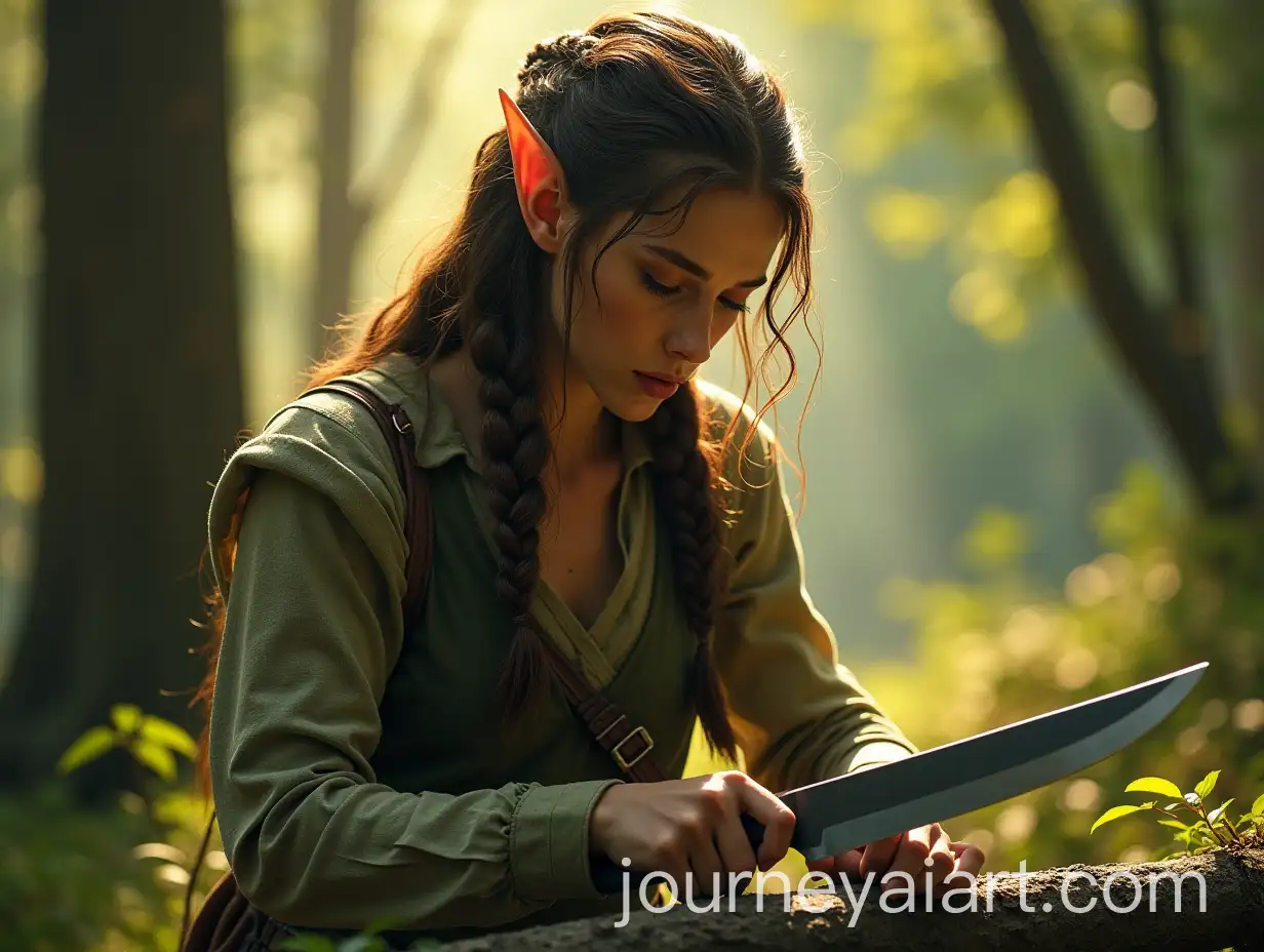 Wood-Elf-Sharpening-Knife-in-Sunlit-Forest