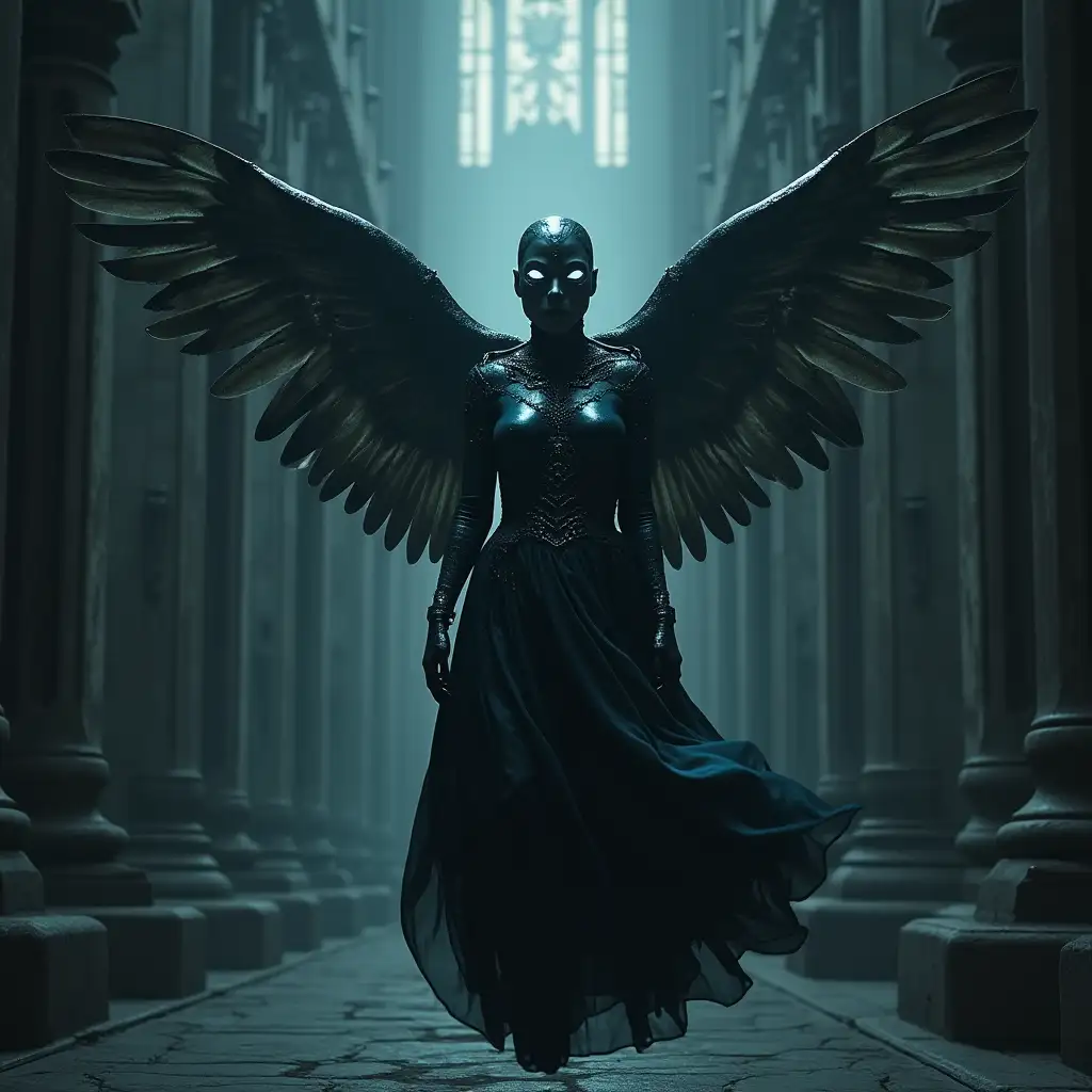 A sinister, angelic-like figure floating slightly above the ground, garbed in a flowing metallic gown shimmering subtly with hues of deep black and midnight blue. Its face, partially obscured by a sleek cybernetic mask emitting faint pulses of eerie light, reveals glowing digital eyes devoid of humanity. Mechanical wings composed of shifting geometric plates extend from its back, radiating a subtle, ominous glow. Background depicts a dystopian cathedral, shadowed by immense gothic architecture interspersed with digital glyphs and wires. Haunting, surreal, dramatic, ultra-realistic visuals --ar 1:2 --stylize 750 --v 6.1