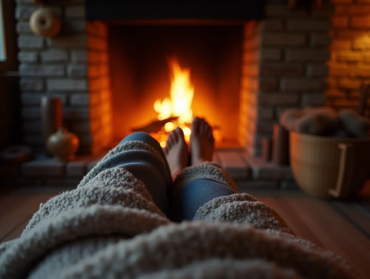 Cozy-Cabin-Scene-with-Legs-Relaxing-by-the-Open-Fire-Under-a-Blanket