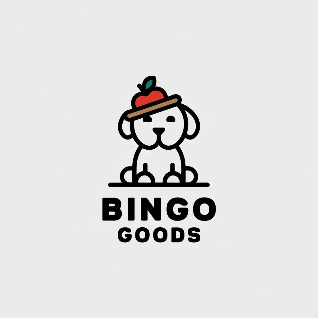 a vector logo design,with the text "Bingo goods", main symbol:Dog, apple hat, minimal lines,Minimalistic,be used in Animals Pets industry,clear background