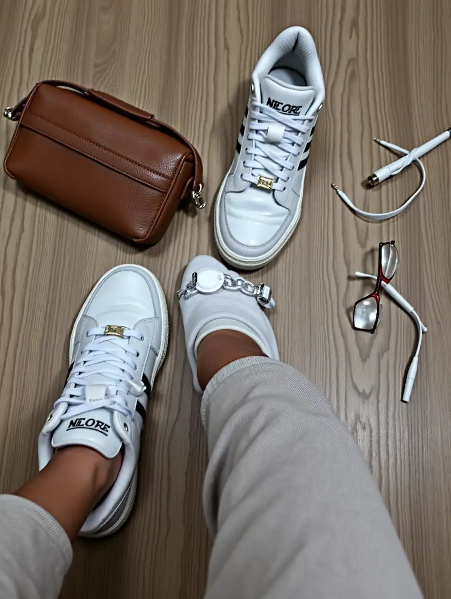 Sneakers, airpods, shoulder bag, glasses