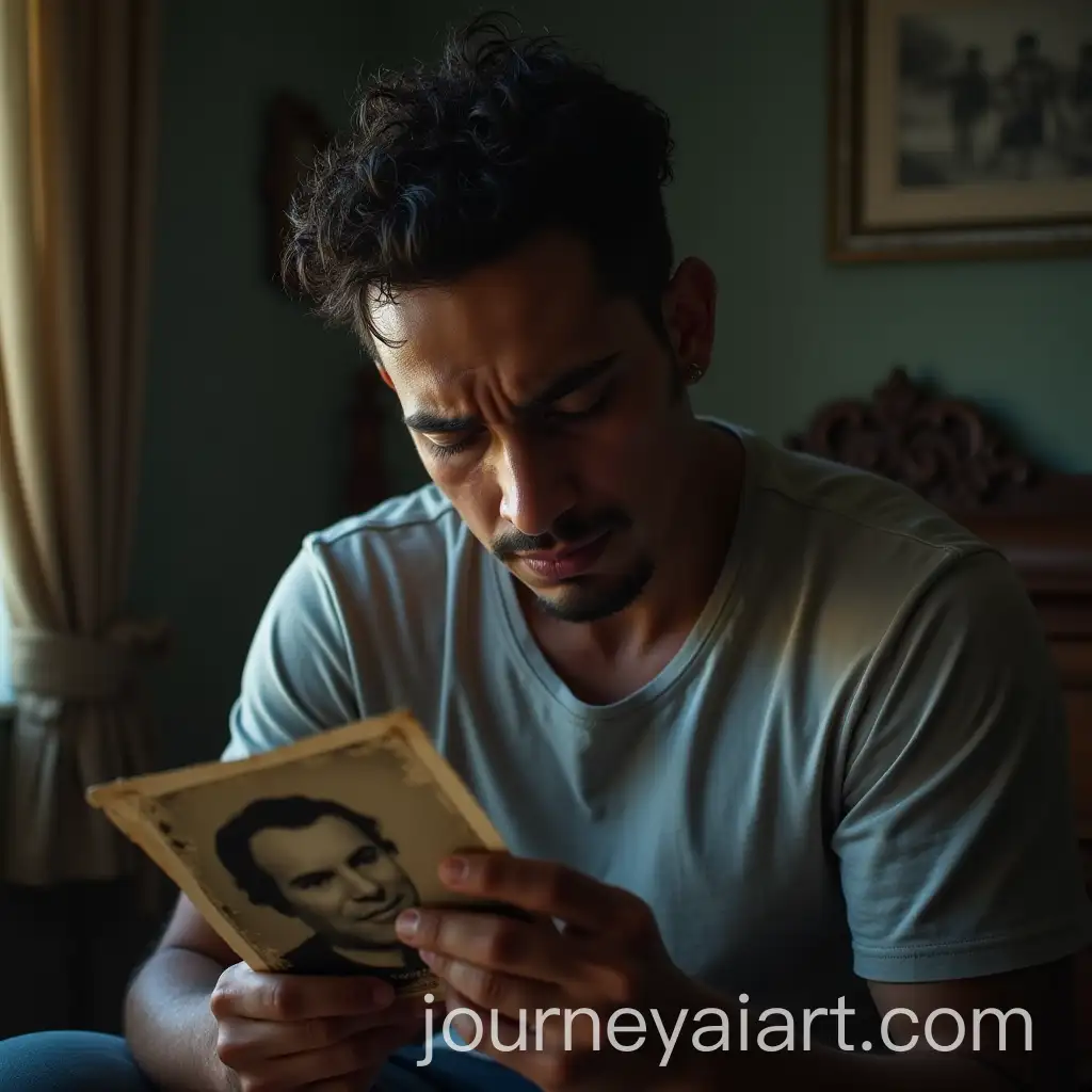 Man-Reflecting-on-Old-Photograph-in-Solitude