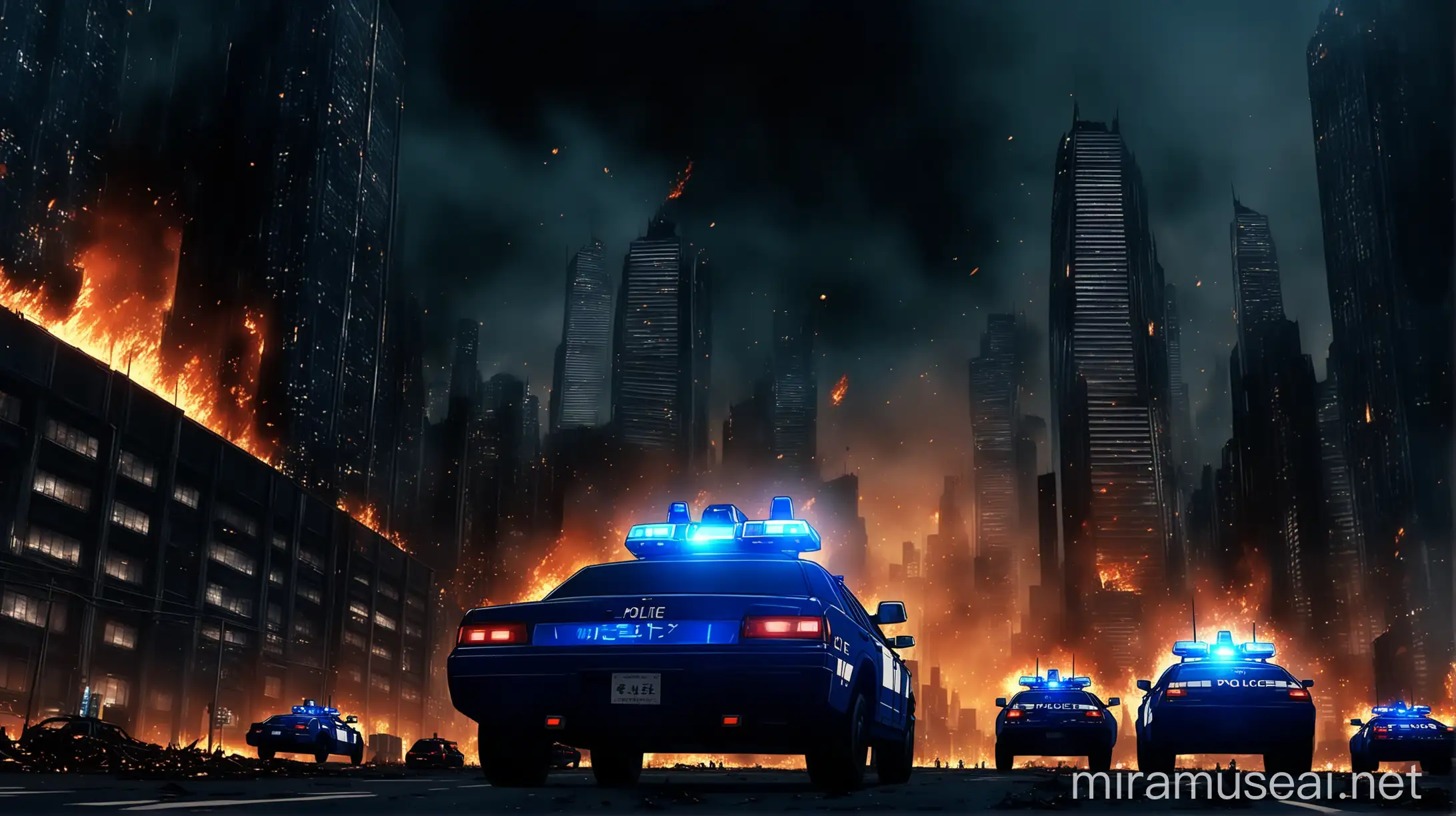 Futuristic Police Cars Racing Towards a Burnt Building in Anime Style