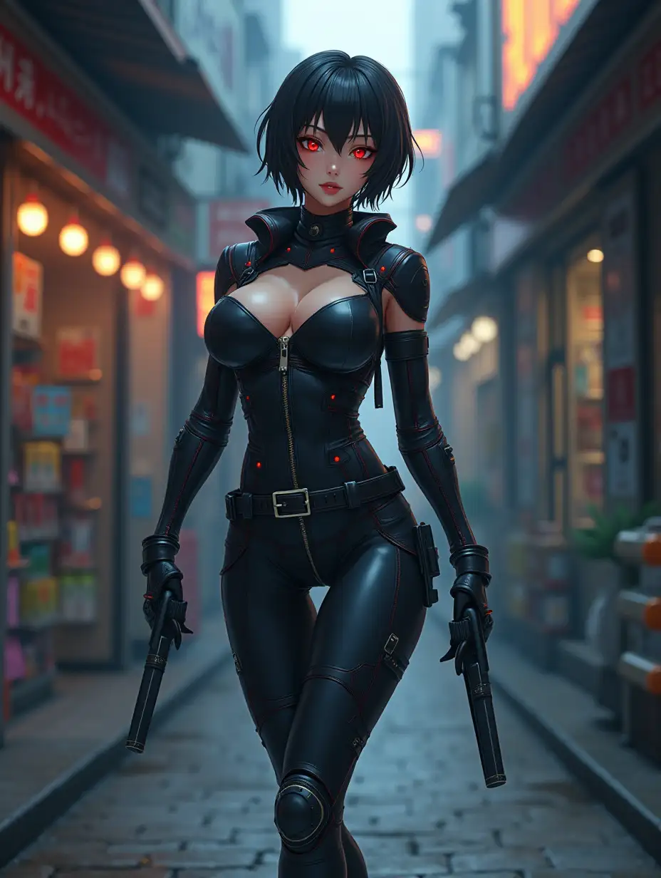 Short hair, mature Asian woman thief cyber runner in a dynamic full-length pose, eyes with red electronic pupils, large breast, extreme skintight body glove zipped down with cleavage, combat boots and combat belt. Full view of her body from boots up, low wide angle. Future store filled city alley street. Anime