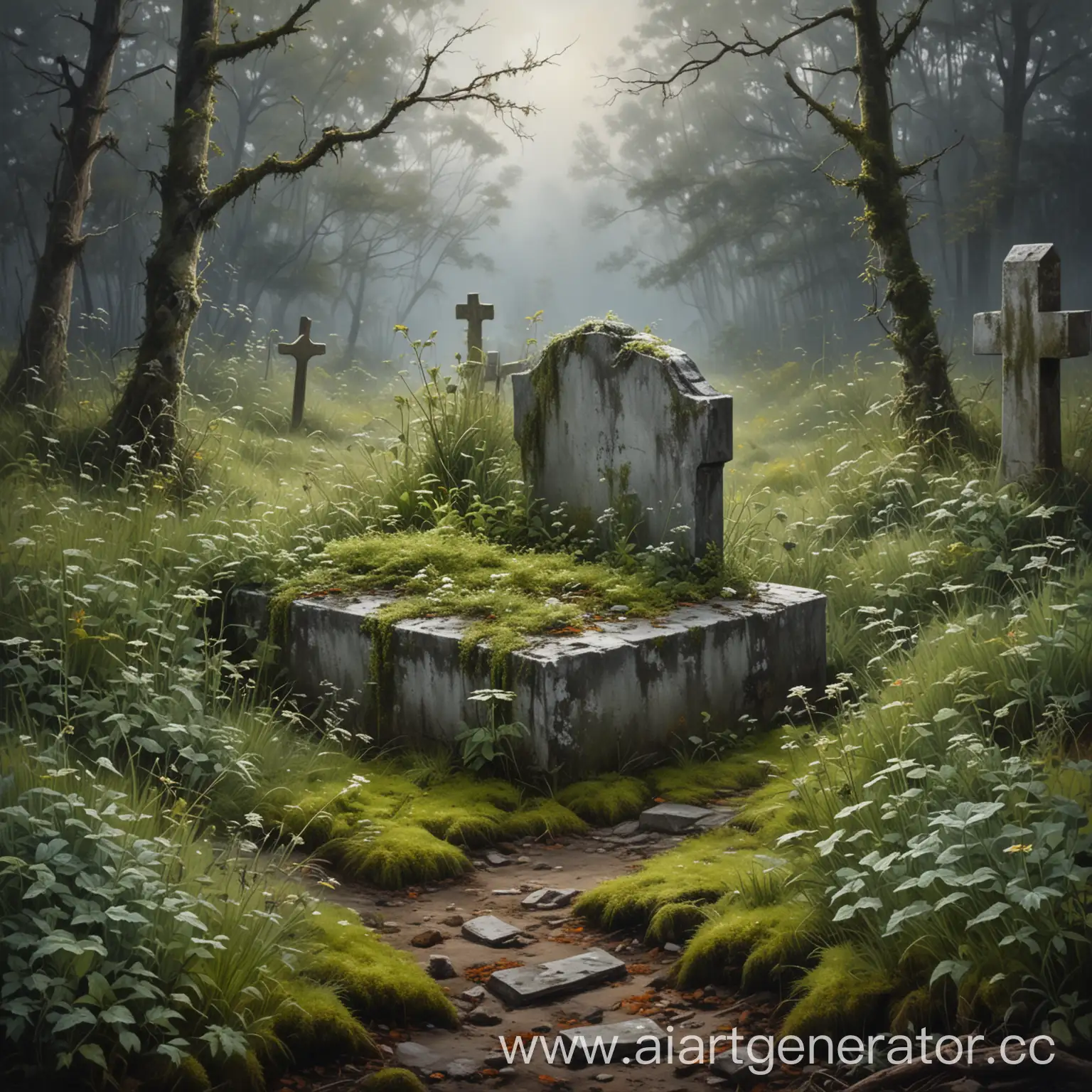 an oil painting of a grave overgrown by weeds and moss, grey colors, high quality, soft lighting