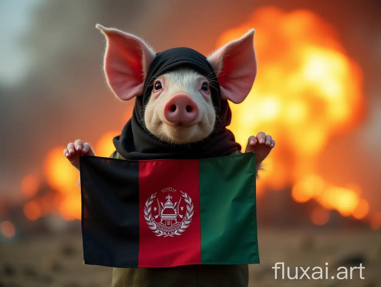 A pig in a black hijab holds the flag of Afghanistan in his hands against the background of an explosion