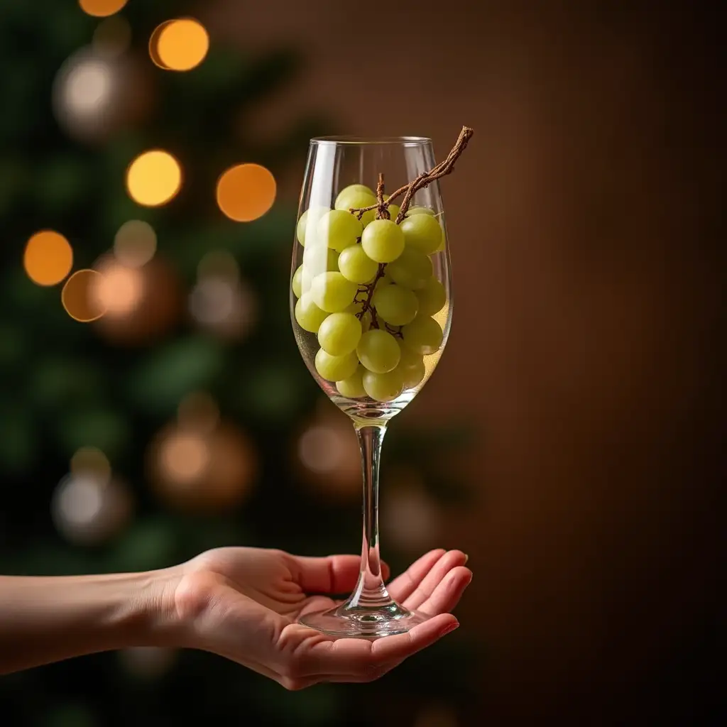 CloseUp-of-Hand-Holding-Stemmed-Glass-with-Green-Grapes-and-Bokeh-Christmas-Background