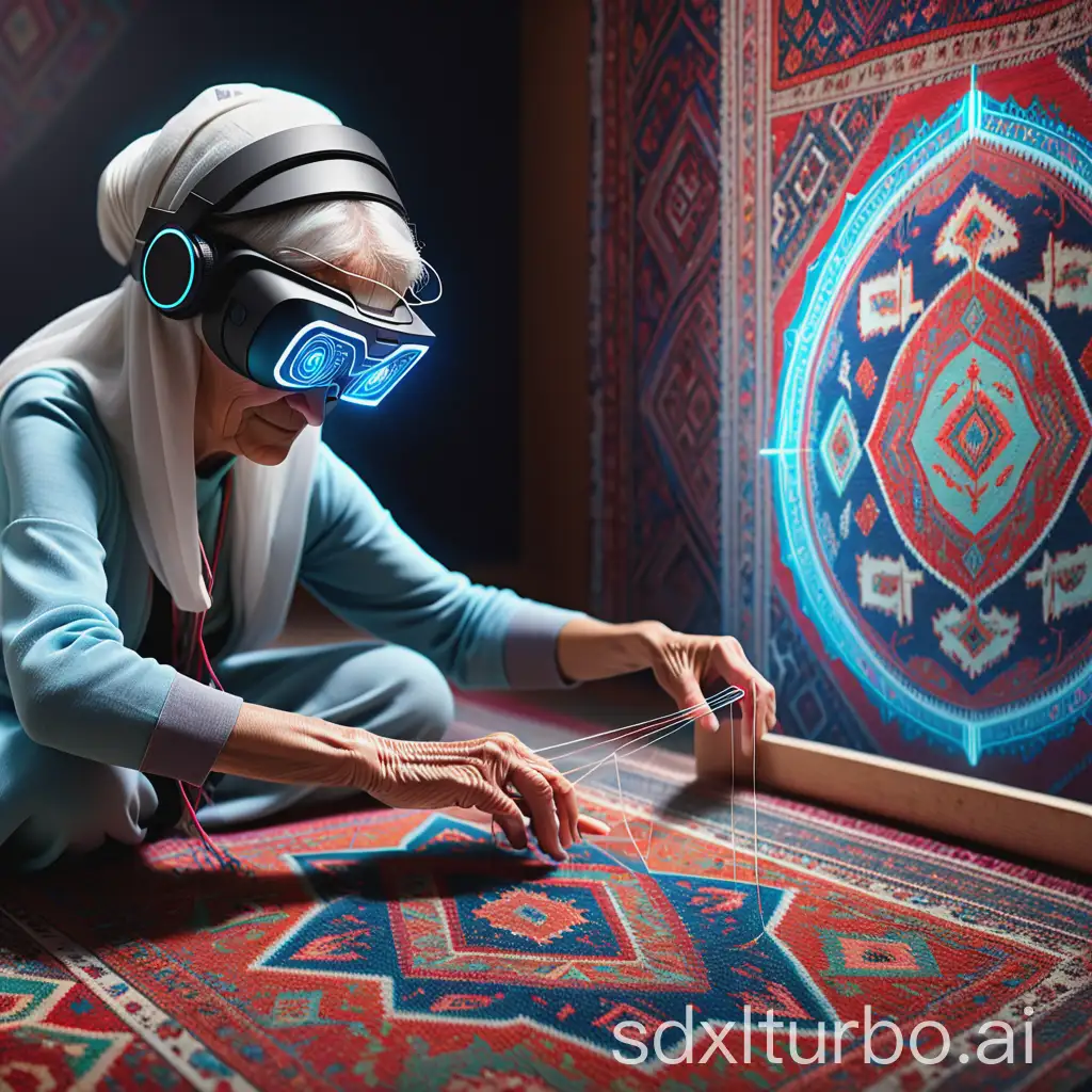 A split-frame image: Left side shows an elderly woman weaving traditional Persian carpets by hand, right side depicts a young girl in a futuristic VR headset coding holograms, both connected by a glowing thread of cultural heritage, ultra-realistic 3D render, vibrant colors, 8K resolution