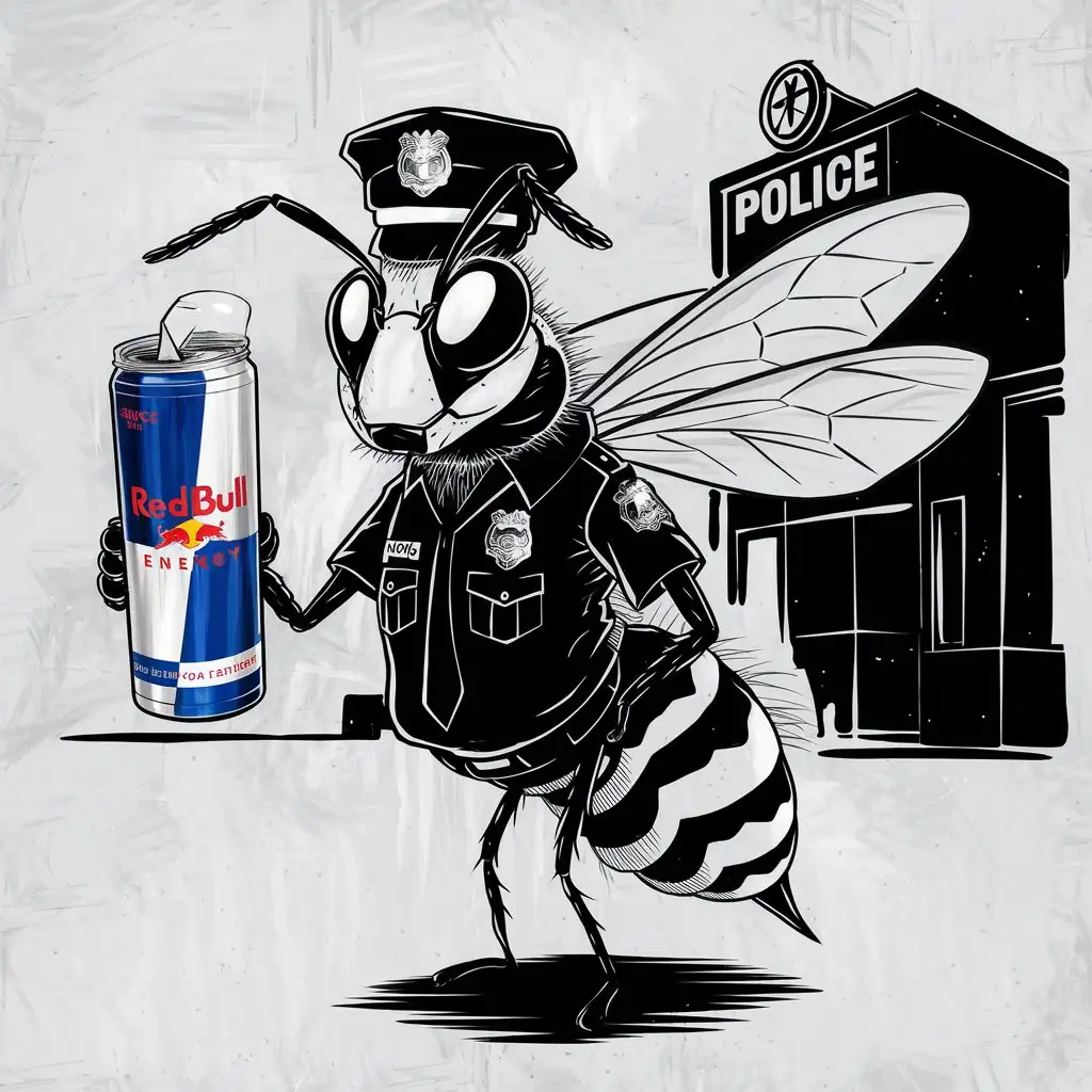 Wasp-in-Police-Uniform-Holding-Red-Bull-in-Front-of-Police-Station