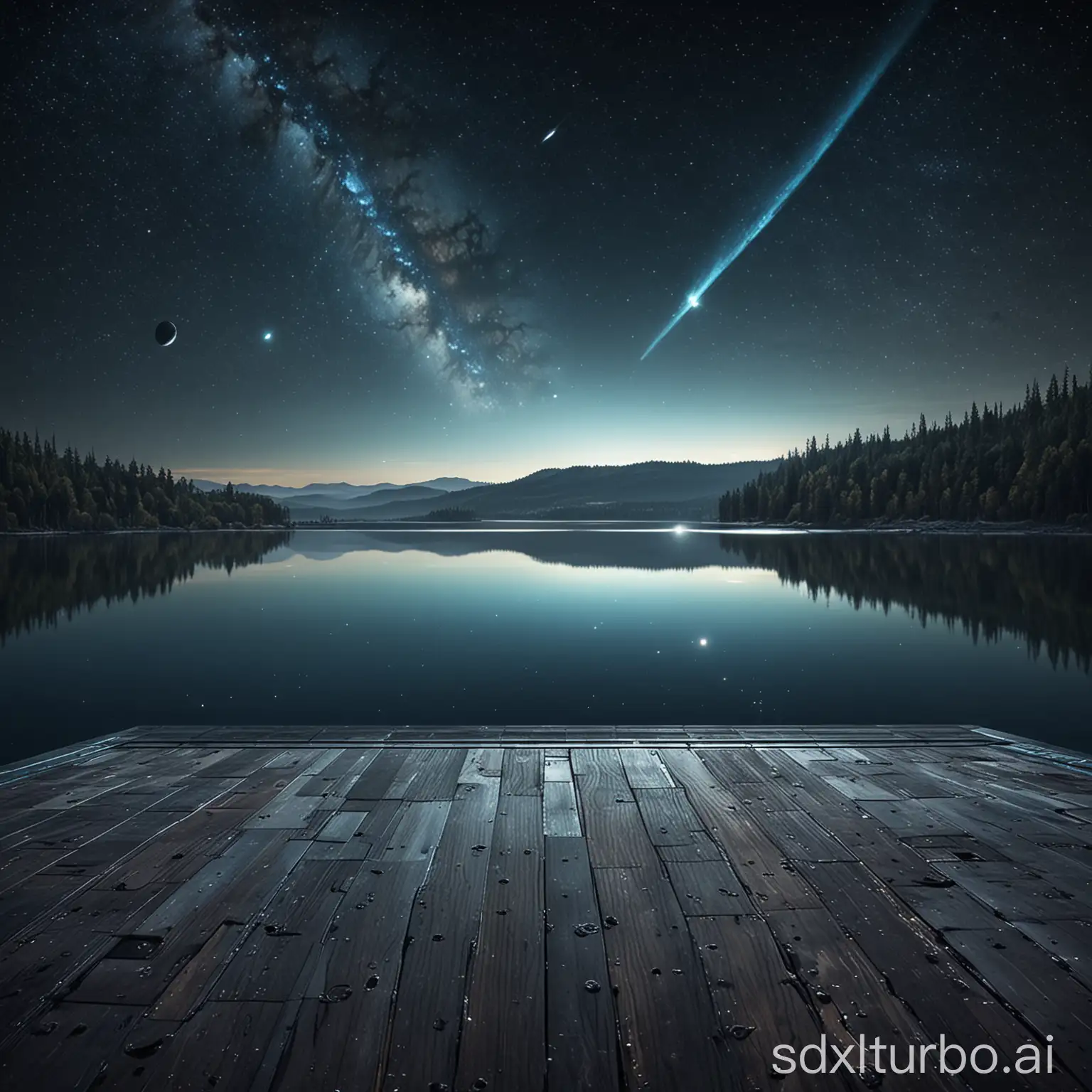 Night futuristic wide and flat straight platform without gap, clear horizontal view of lake and planet and space sky.