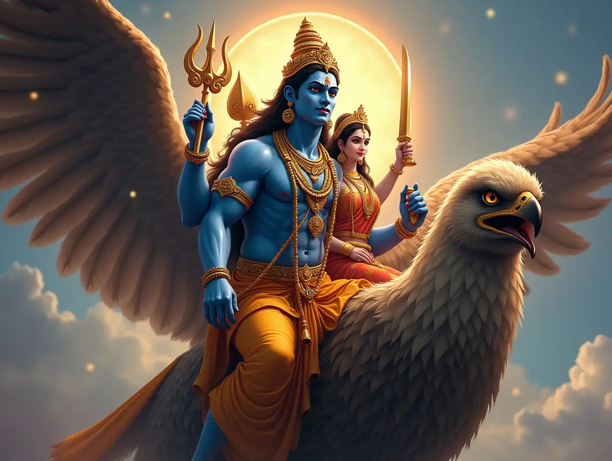 Generate an image of God Narayana sitting on Garuda, with a muscular physique, four hands, deep blue skin, wearing a vibrant yellow dhoti. He should hold a sea conch (shankha) in his upper left hand, the Sudarshana Chakra (divine discus) spinning in his upper right hand, a gada (mace) in his lower right hand, and a sword in his lower left hand. Beside him, Goddess Lakshmi should sit with a light pinkish complexion, adorned in intricate golden jewelry and a graceful sari, exuding divine beauty and elegance. The entire scene should be depicted in a highly detailed and vibrant art style with divine, radiant textures. The Garuda (Narayana's mount) should have a well-built, muscular physique, an eagle-like face, and piercing eyes. The background should feature a celestial atmosphere with soft ethereal light and subtle glowing elements that enhance the divine aura of the scene. Incorporate intricate carvings on the Garuda's feathers, Garuda's wings should be spread wide, with a subtle glow emanating from within the Sudarshana Chakra. Goddess Lakshmi's jewelry should sparkle with a soft, ethereal light. The entire image should radiate an otherworldly energy and sense of devotion.