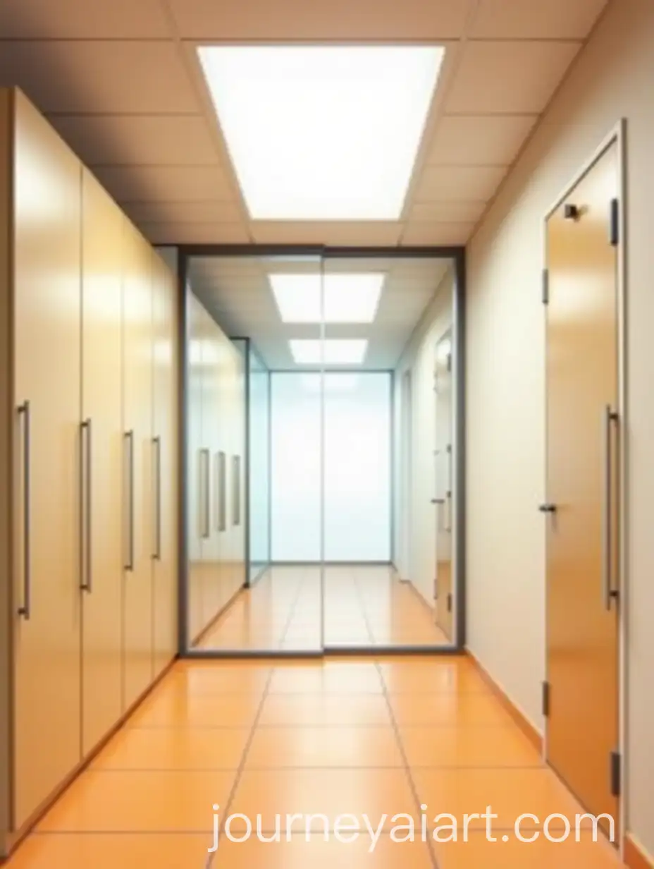 Modern-Office-with-Glass-Wall-Beige-Cabinets-and-Orange-Linoleum-Flooring
