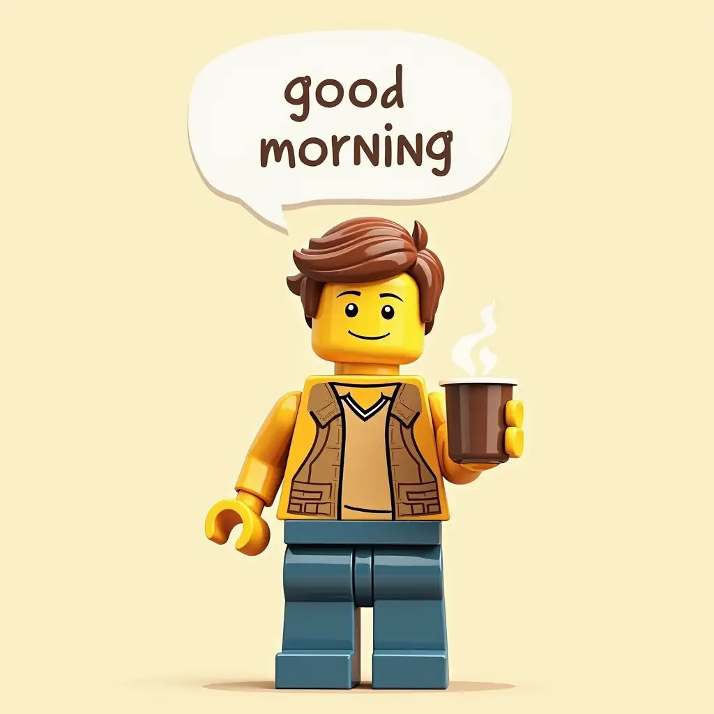 Front view of a Lego minifigure holding a coffee cup and wishing good morning in a speech bubble. Cartoon illustration, storybook for kids