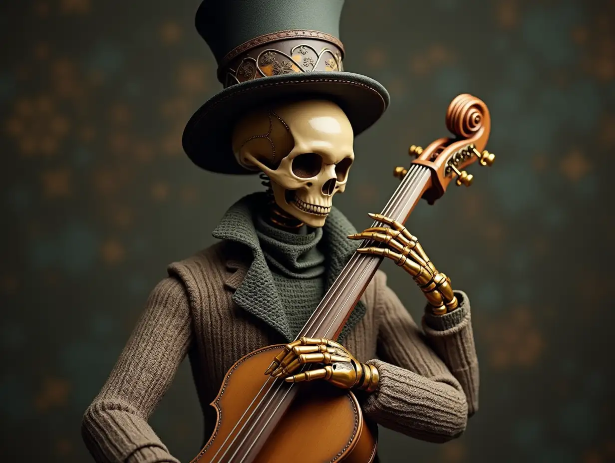 Create a high-resolution, realistic image of a robot with a skeletal body, golden porcelain hands and head, a sweater, a Steampunk top hat, and a contrabass in 4K resolution (Steampunk 8K quality)