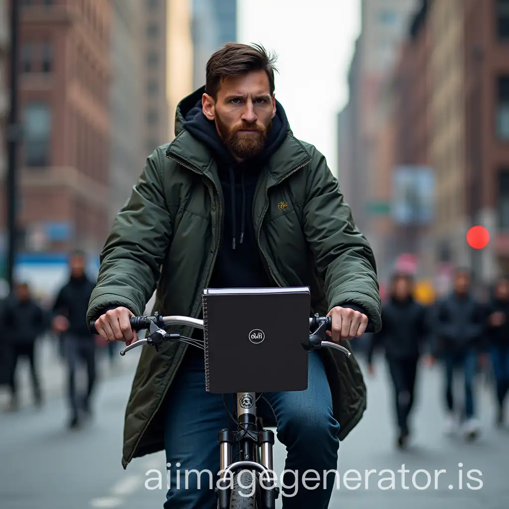 иван золо on a bicycle in new york with a notebook that displays an ai icon, and messi with ronaldo behind him