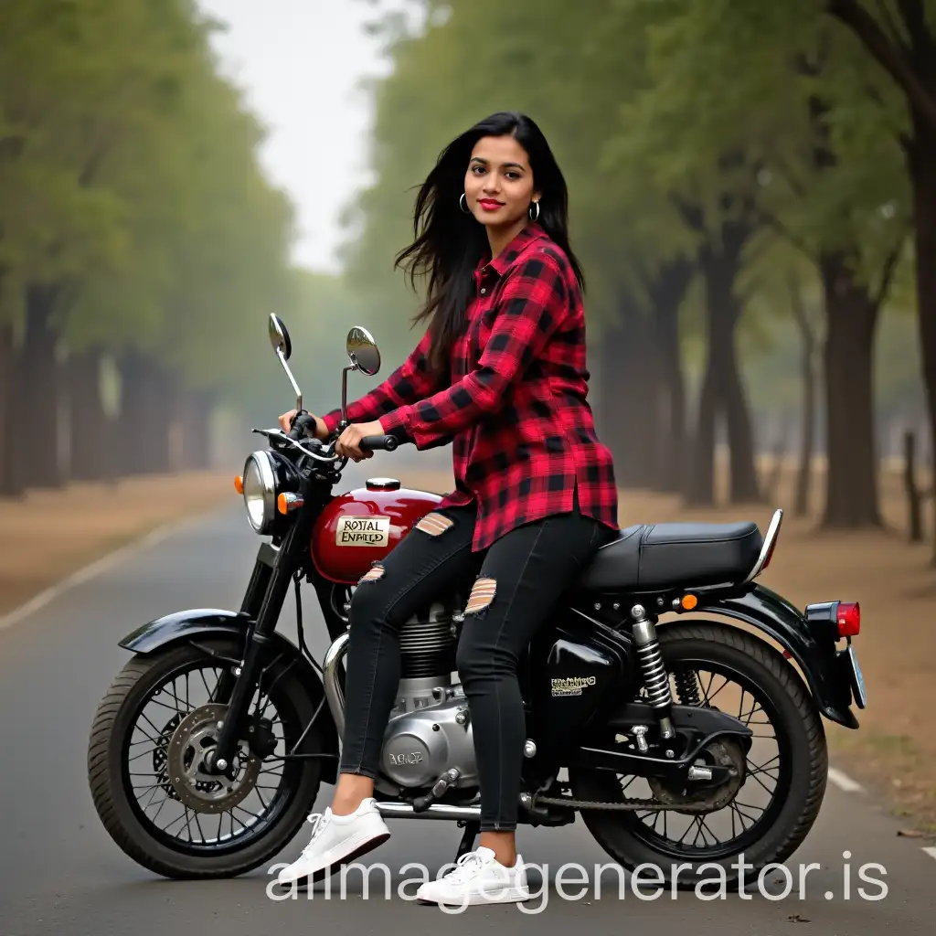 Indian-Woman-in-Red-Checked-Shirt-and-Black-Torn-Jeans-Sitting-on-Royal-Enfield-Motorcycle