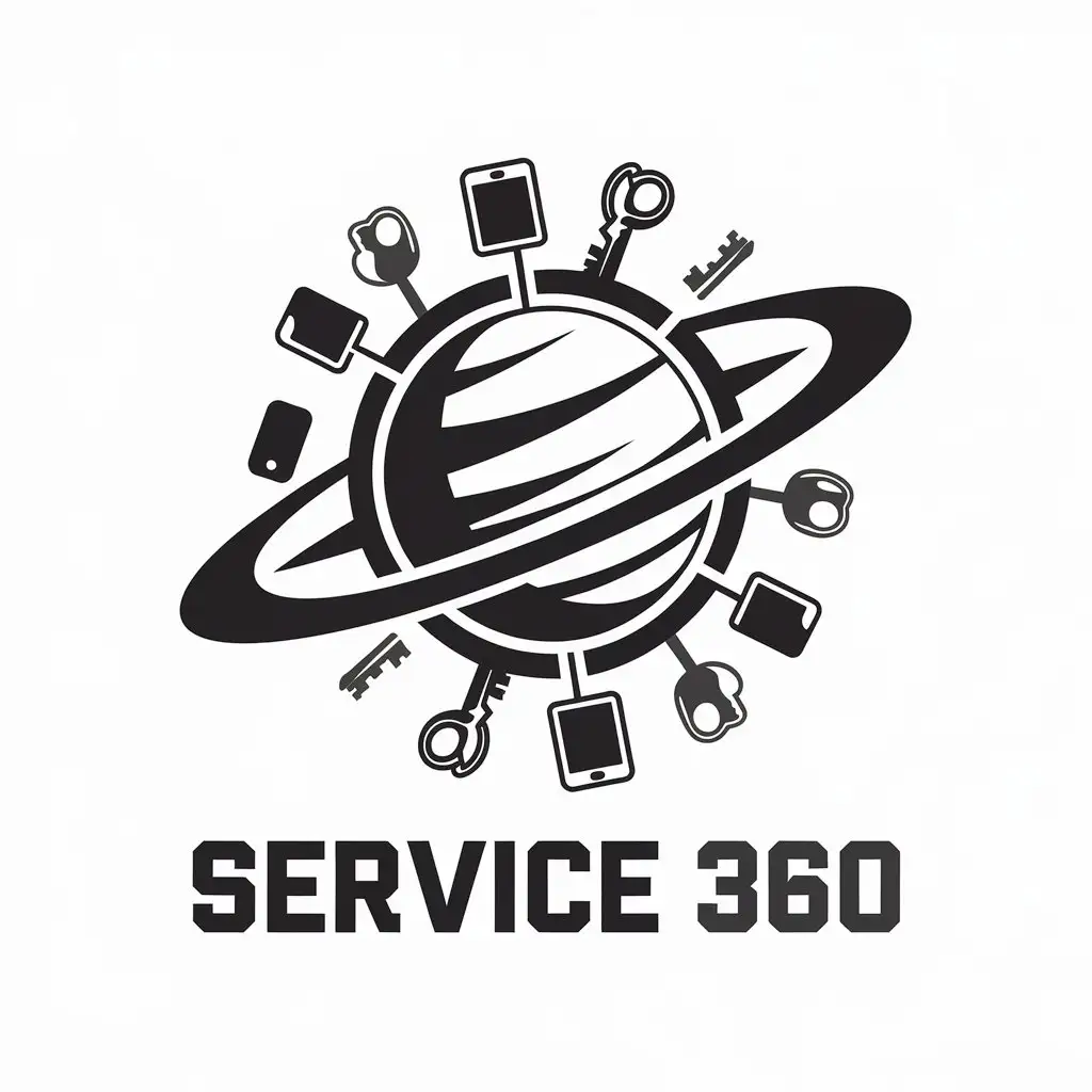 a vector logo design,with the text "Service 360", main symbol:planet Saturn around spinning screwdrivers, keys, phones, laptops,complex,be used in repairs and manufacture of keys and photographs industry,clear background