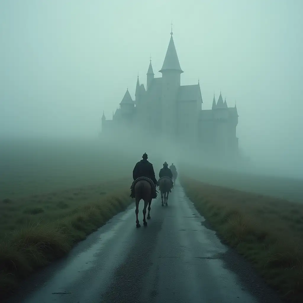 Medieval-Fantasy-Caravan-Journeying-to-Gothic-Castle-Through-Foggy-Plains