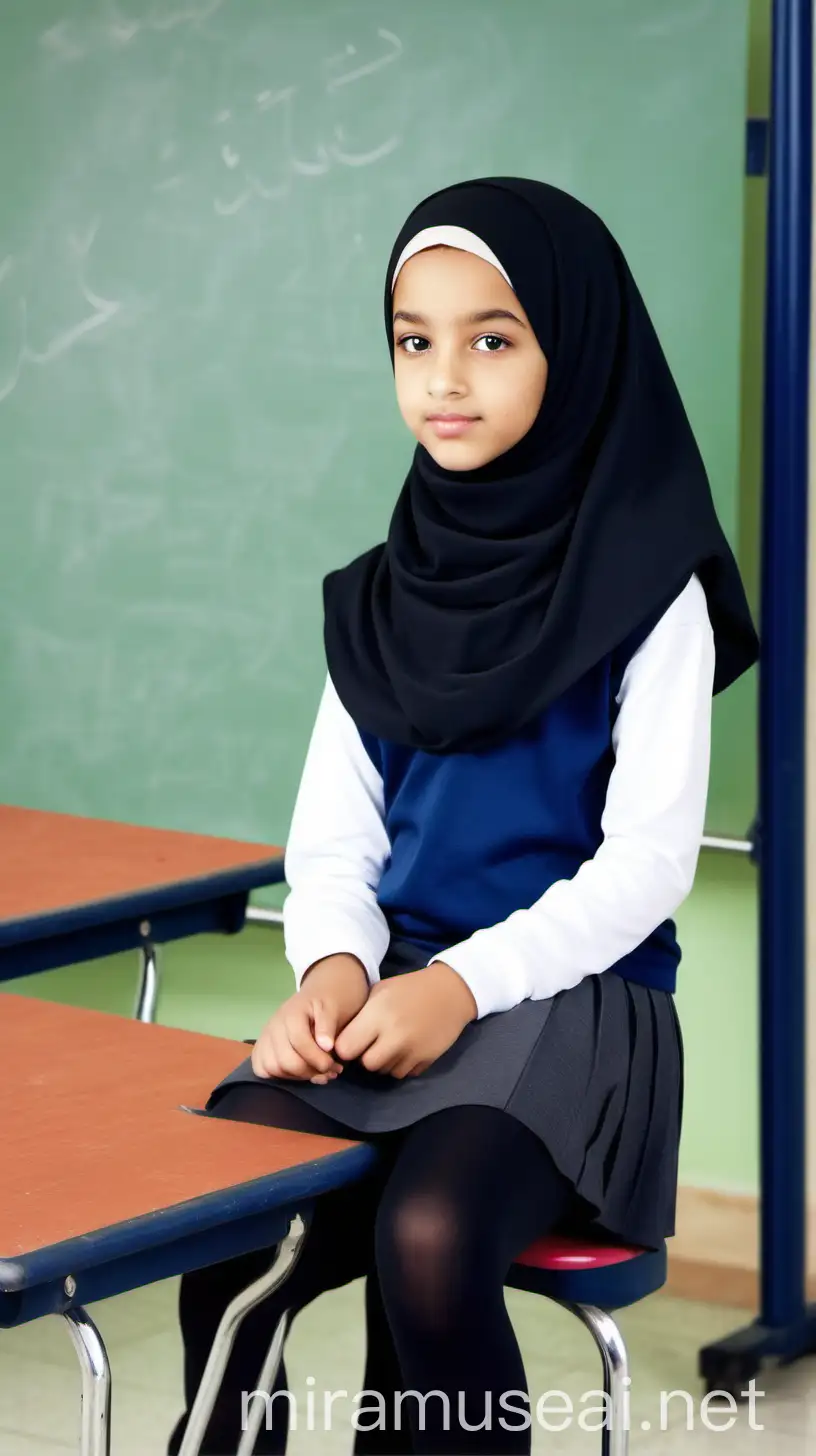 Beautiful 12YearOld Girl in Classroom with Hijab and Sports Shoes