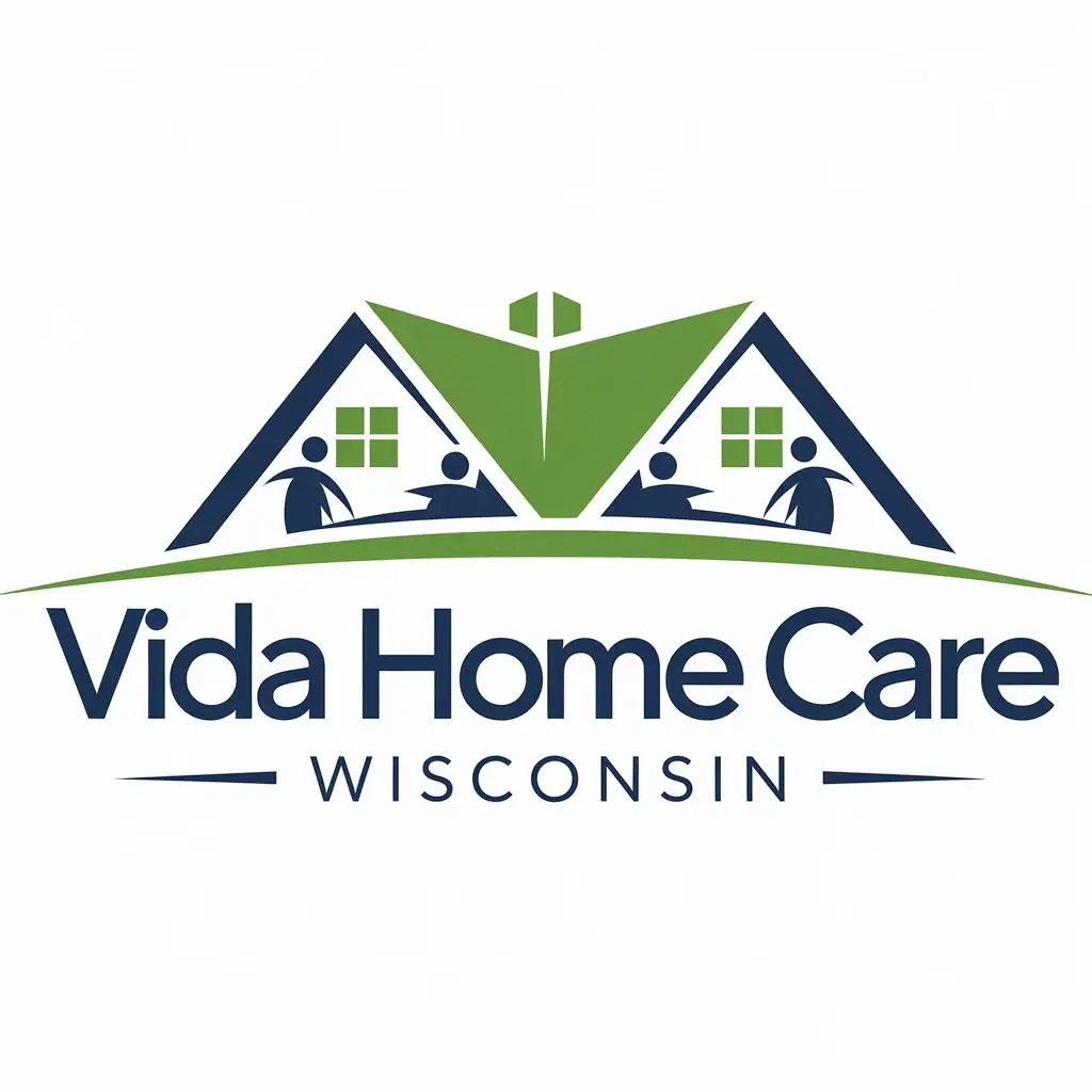 LOGO Design for Vida Home Care Wisconsin Modern Style with Green and Blue Colors Featuring Home and People Elements