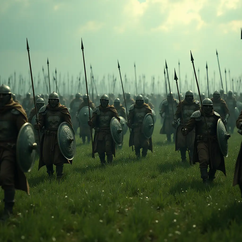 A thousand warriors armed with swords and shields on a green plainUltra photoreal