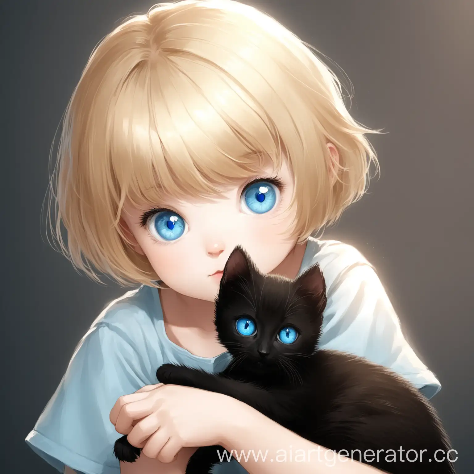 girl with short blond hair and blue eyes with black playing kitten