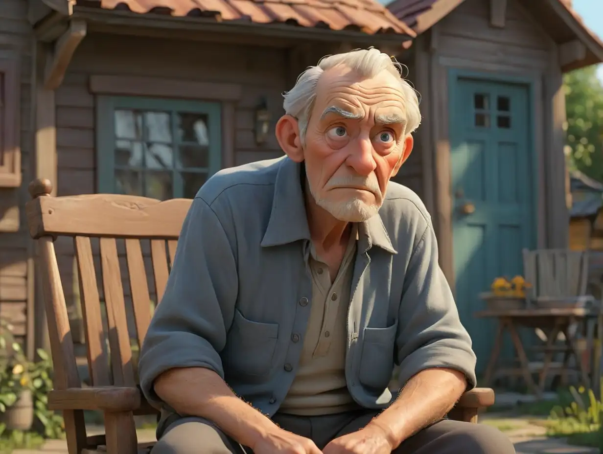 an elderly man sitting on a chair in front of a small house, with a thoughtful expression in his eyes, 3d disney inspire