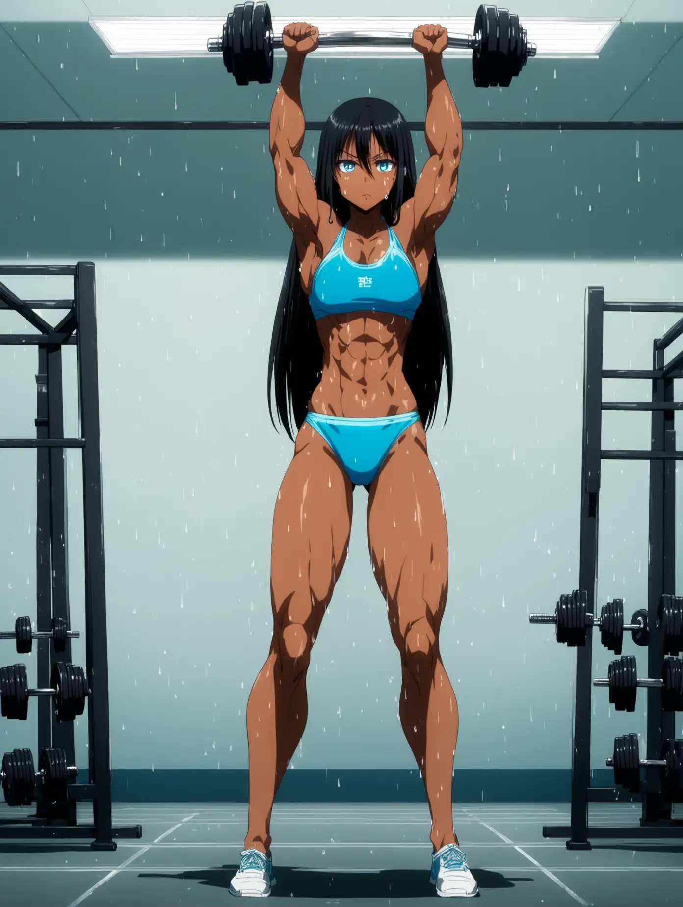 Training gym, lifting dumbbells above head while training, only person sweating, muscular woman, blue bikini, narrow face, tall, long black straight hair, cyan eyes, brown skin, full body anime image, one person