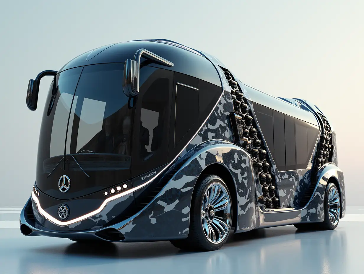 Supermodern utopian sports omnibus with gears, aluminum wheels, wide tires, black and white ,and silver colors,utopian, silver-black striped, chrome-wheels, Cyberpunk