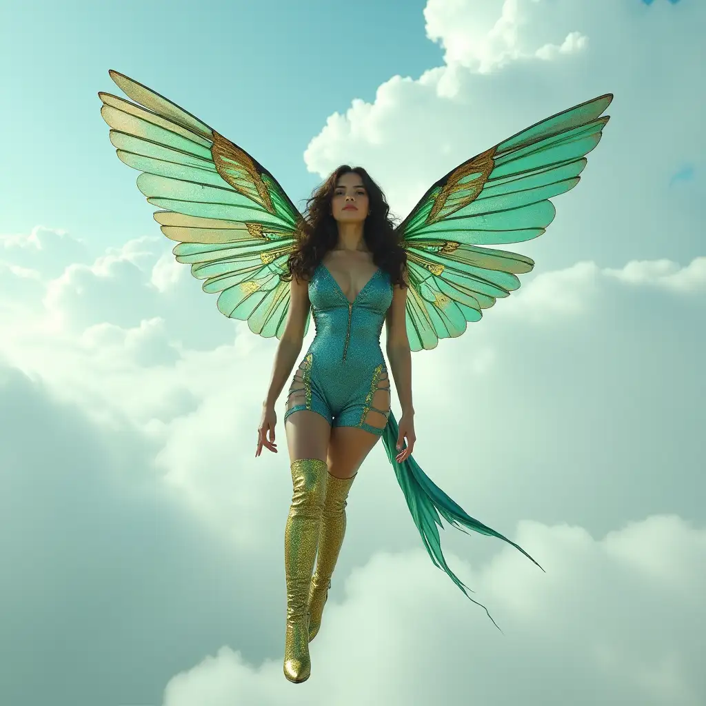 A photo of a woman with large, iridescent green-blue hummingbird wings and a long green-blue bird tail. She is flying in the sky above the clouds. She is wearing a golden patterned blue latex dress and golden patterned green latex thigh-high stiletto boots. The background contains a cloudy sky.