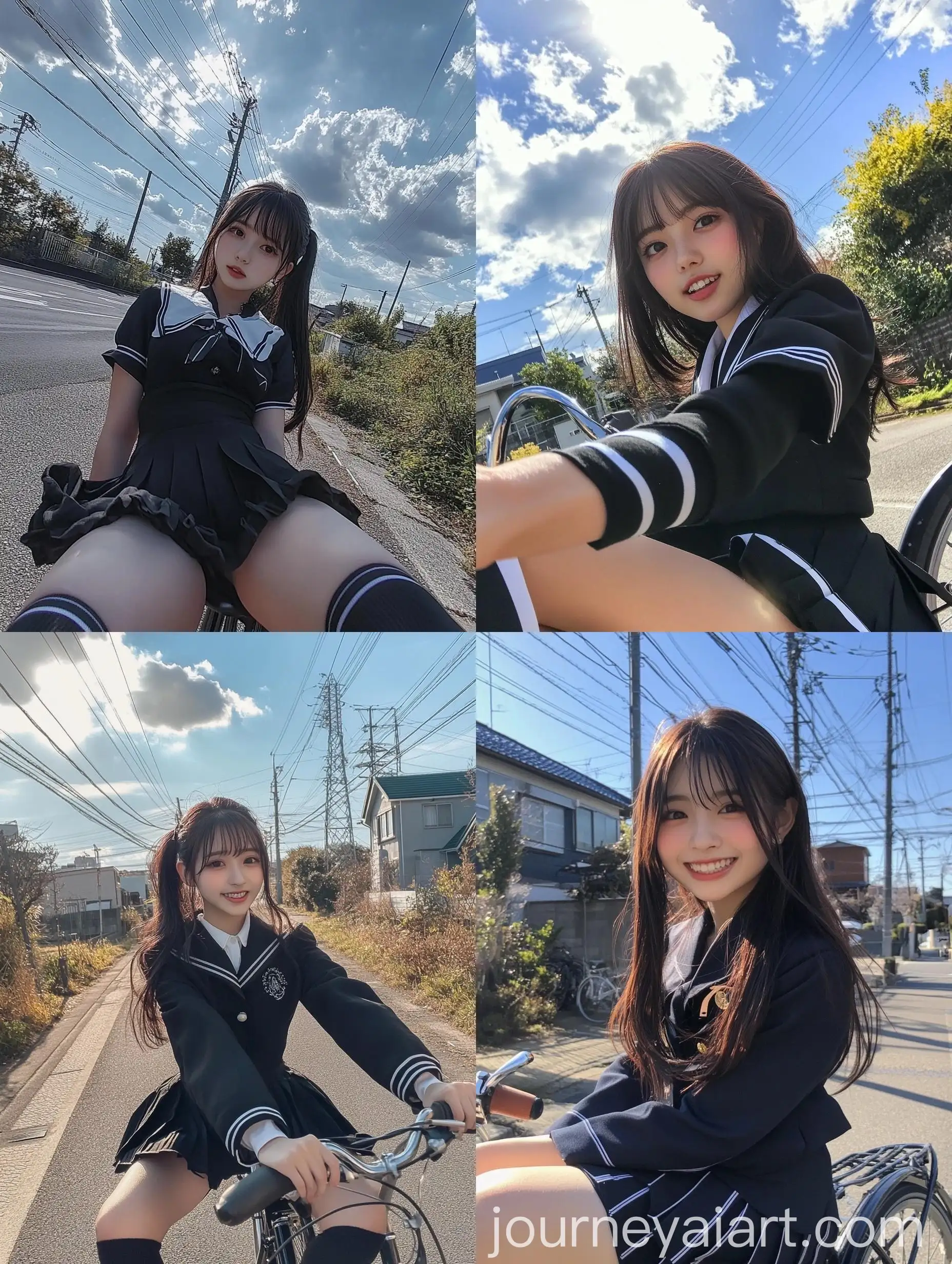 Young-Woman-in-Black-School-Uniform-Taking-Natural-iPhone-Selfie-on-Bicycle