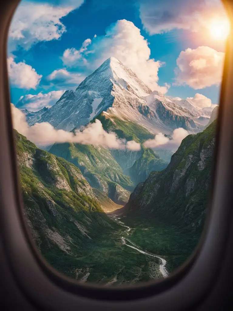 A mountain and clouds, beautiful scenery watched from a plane's window