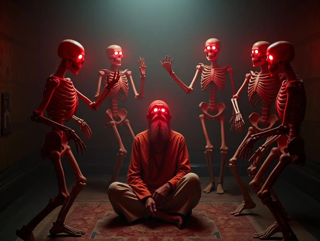 A group of human skeleton dancing in a room, their eyes are sparkling with red light, a hindu sadhu is sitting in between 