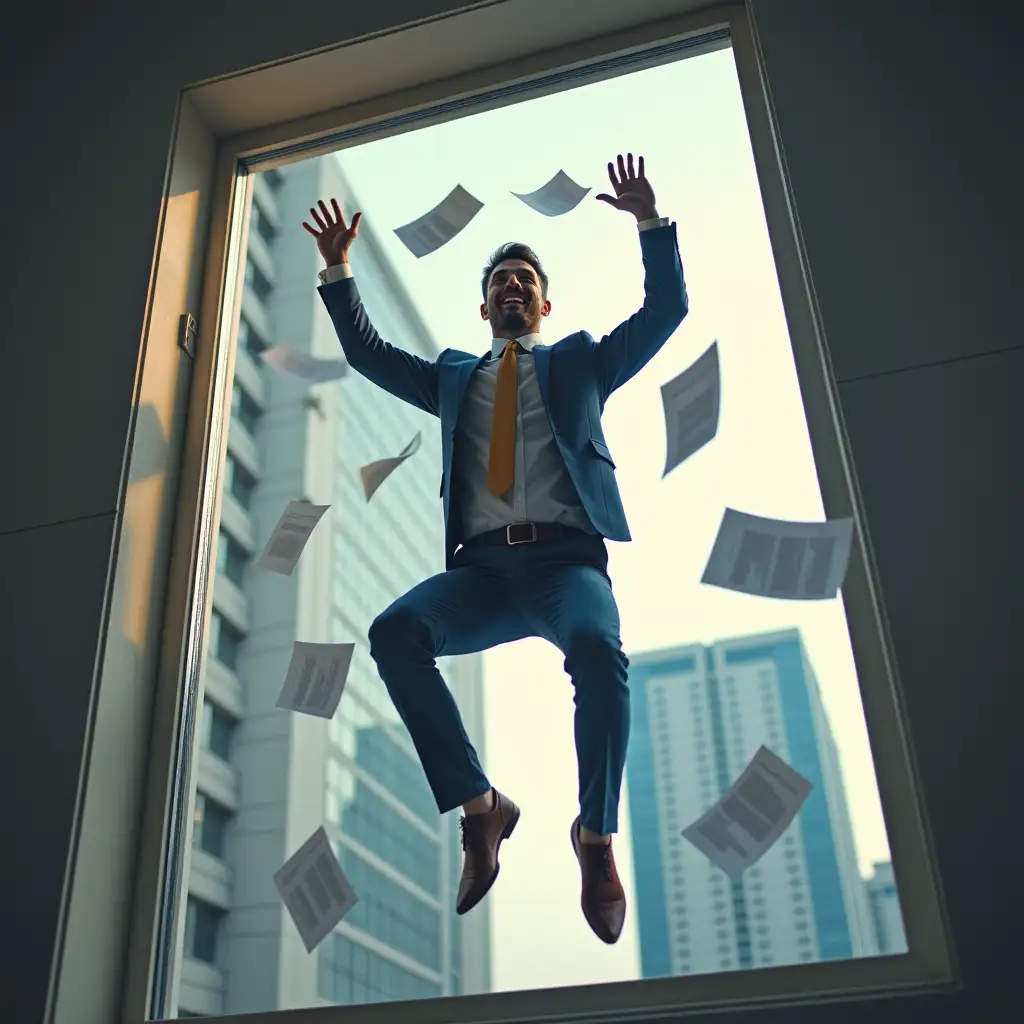 A happy buisness man flying from a building through the Window with papers flying around him