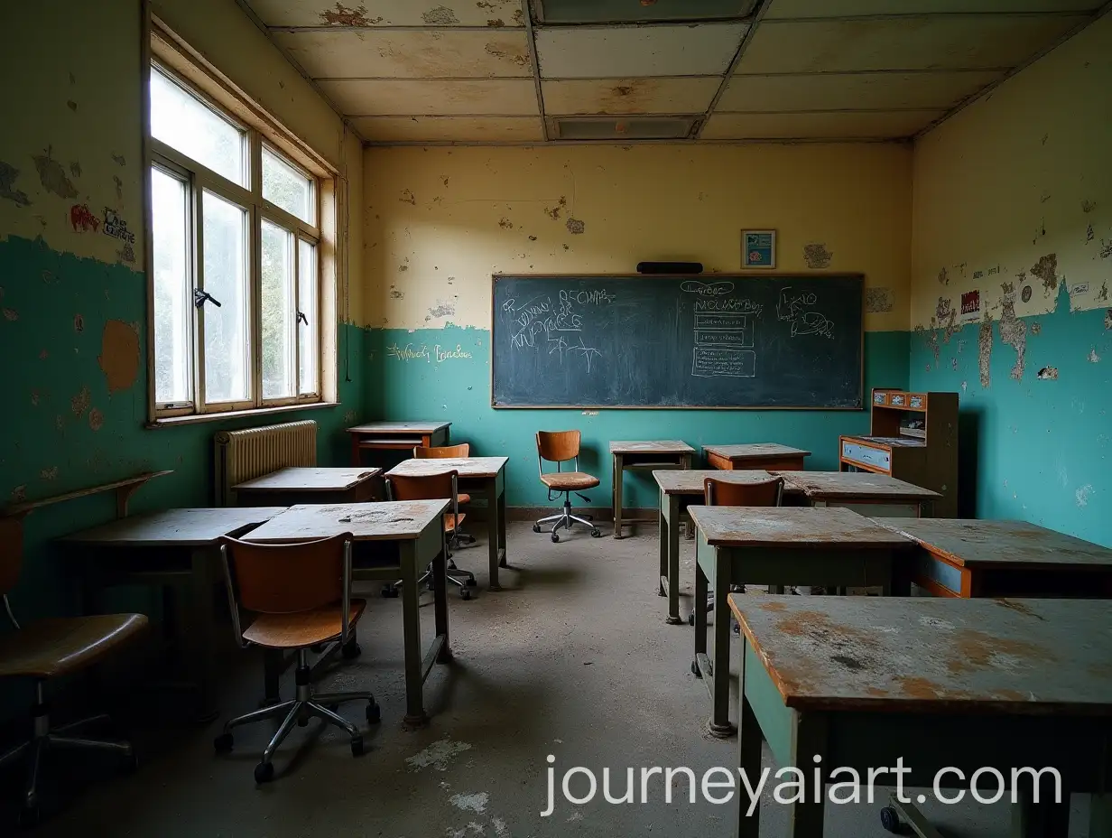 Urban-Exploration-in-an-Abandoned-Classroom-with-Broken-Desks-and-Graffiti