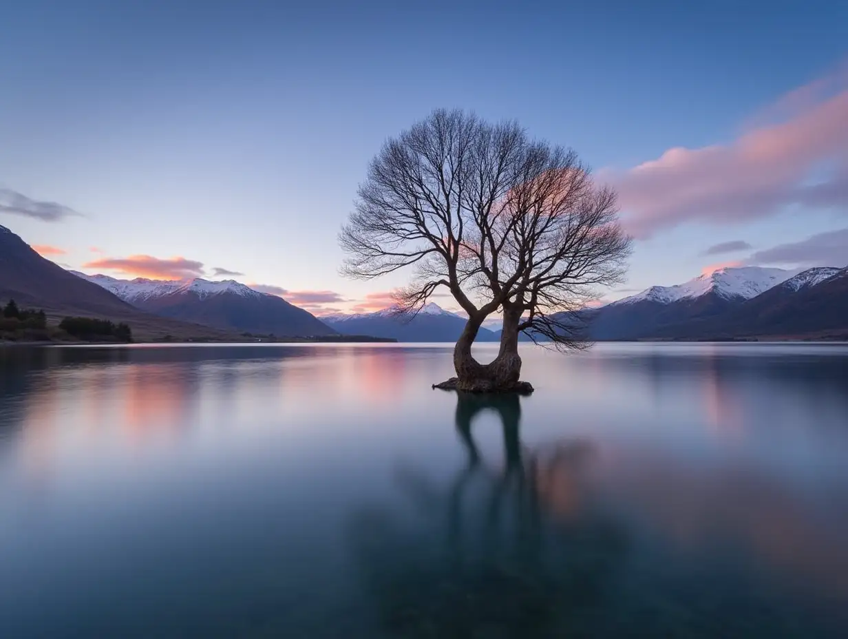 Sunrise, single tree standing in water, Lake Wanaka, The Wanaka Tree, Roys Bay, Otago, Southland, New Zealand, Oceania