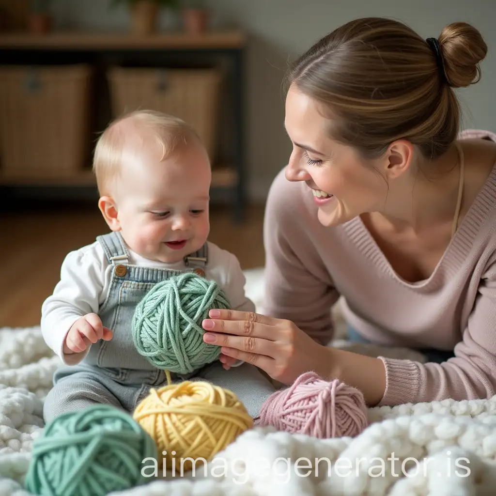 10MonthOld-Baby-Playing-with-Yarns-with-Mom-Nearby