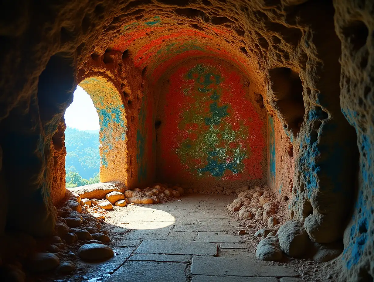 In the very lowest 'corner' of the 'hall' almost under the very 'ceiling', the entire wall was covered... Mostly it looked like colored glass shards embedded in stone. Such richness of hues and purity of colors you expect to see in a shop selling glassworks, but handmade colored glasses dimmed next to the grandeur created by nature.