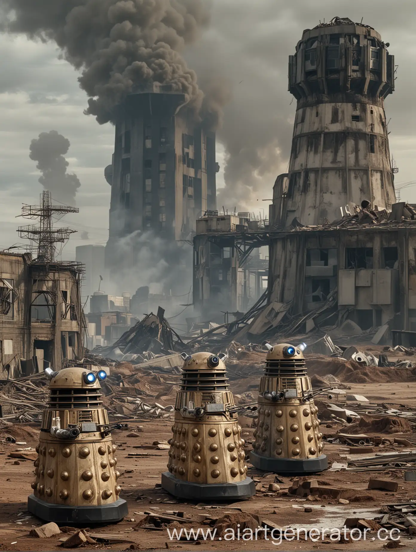 Daleks-in-Front-of-Destroyed-City-with-Atomic-Power-Station