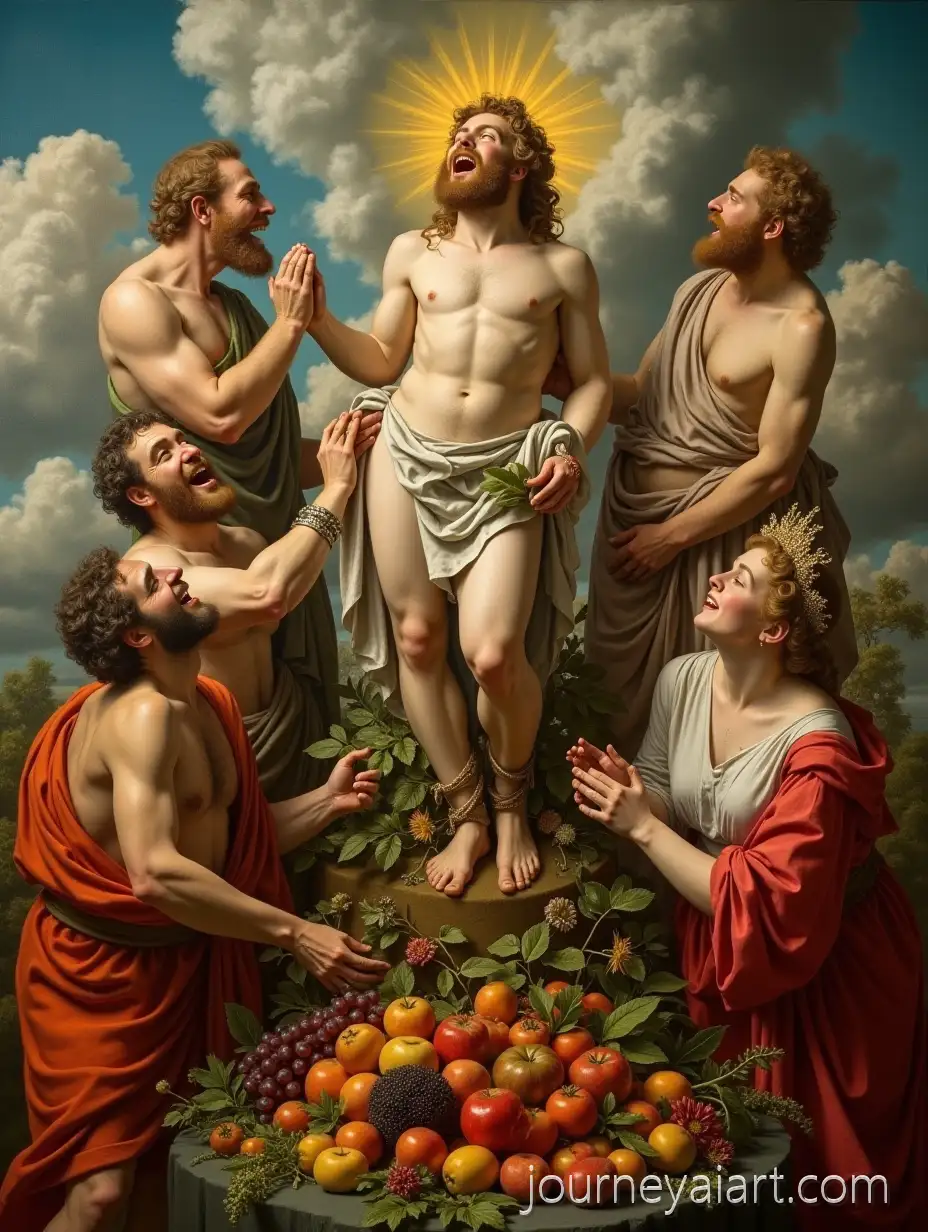 Renaissance-allegorical-paintingRenaissance-Allegorical-Painting-of-Gods-Laughing-in-Clouds-with-Villagers-Worshiping-Statue-Surrounded-by-Fruits-and-Flowers