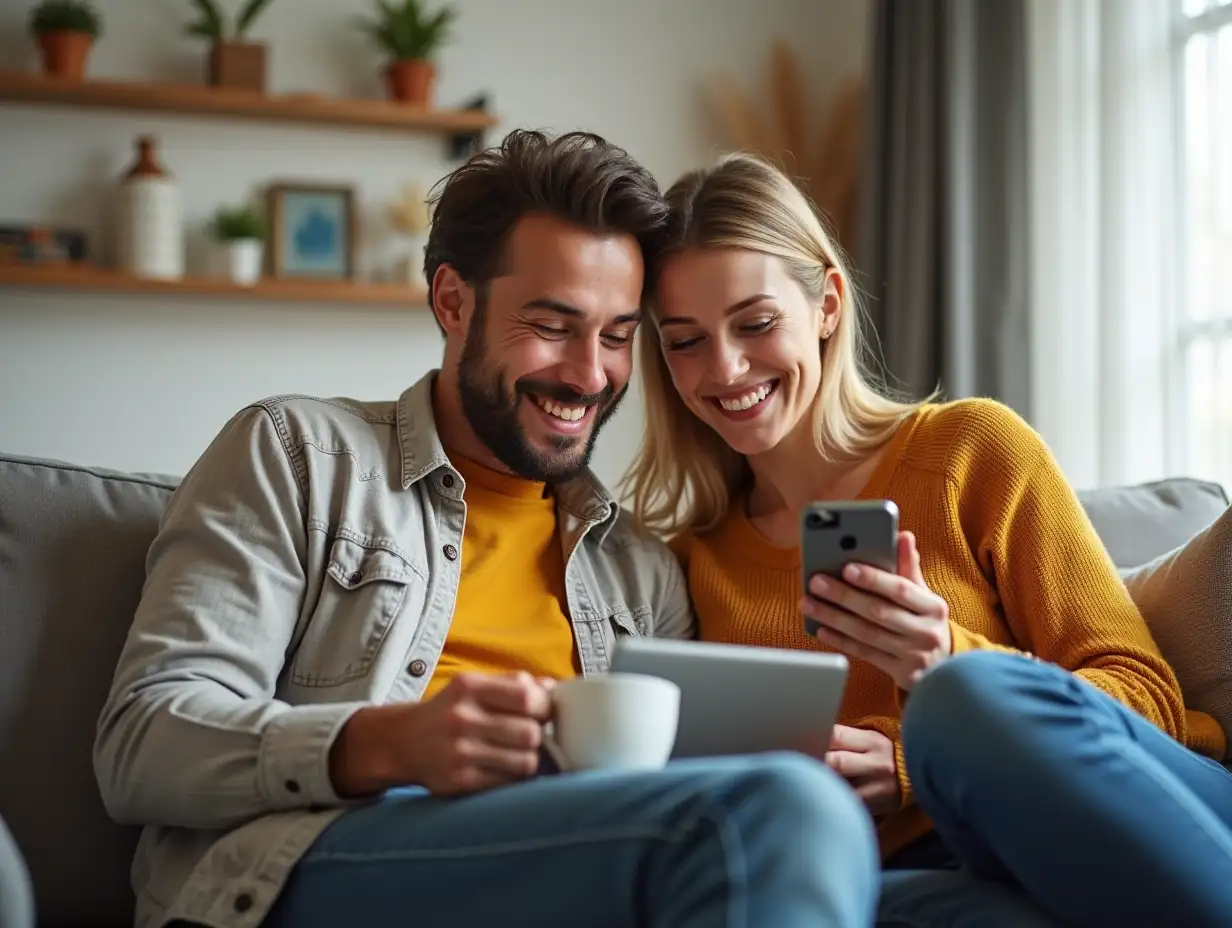 Couple, coffee and phone with smile for planning, online banking or service review at home. Man, woman or mobile in morning for hotel booking, feedback or hospitality app in living room on banner