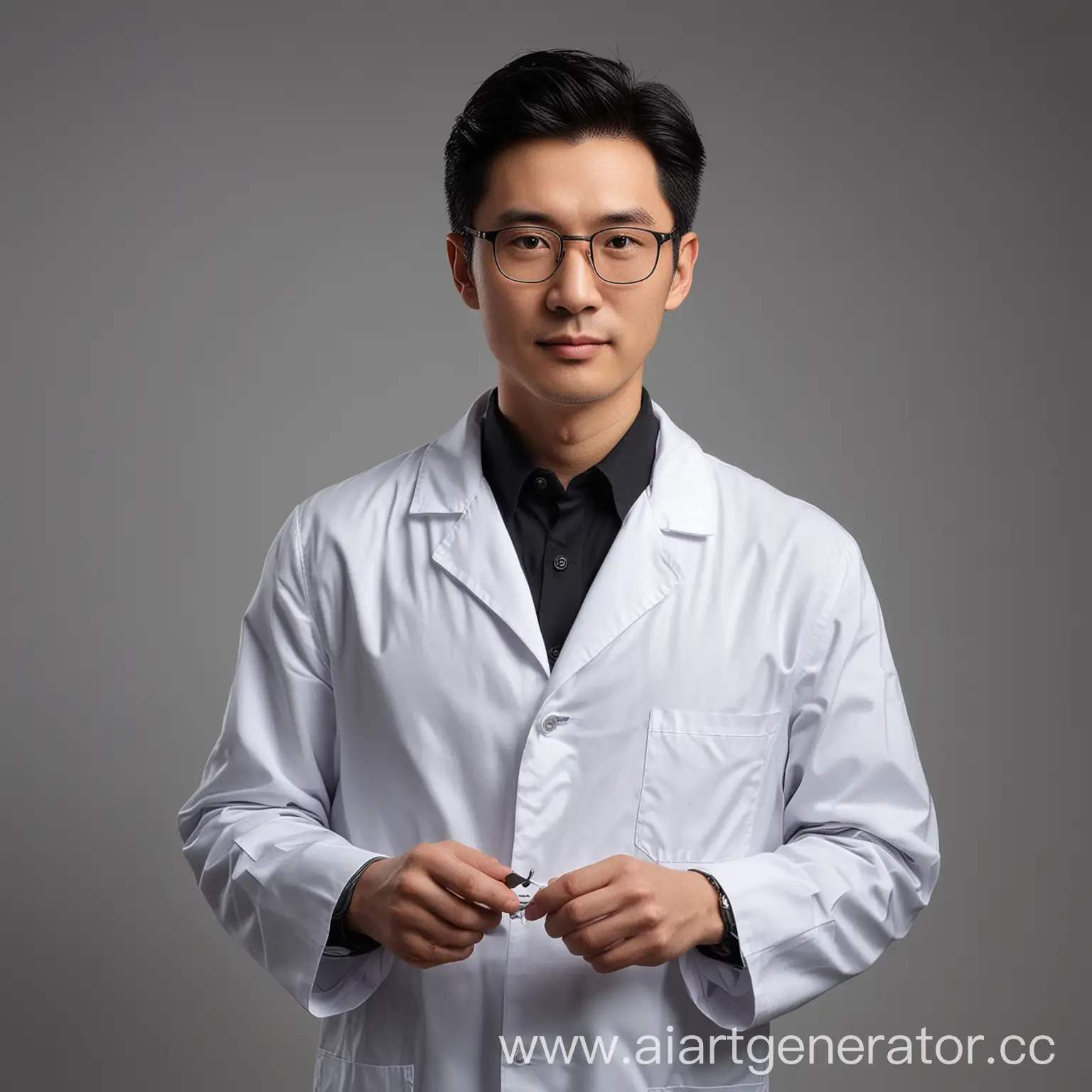 Chinese-Male-Doctor-in-White-Lab-Coat-with-Black-Dress-Shirt