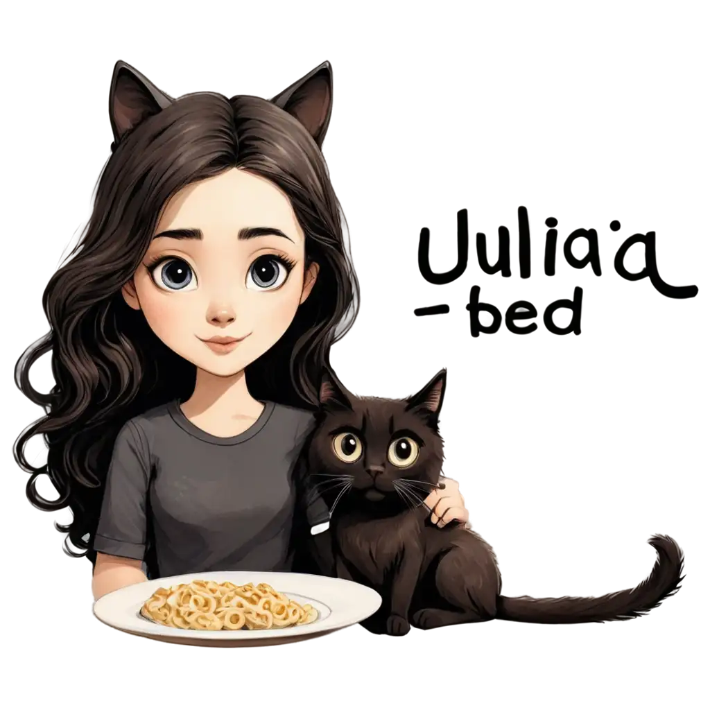 drawing of a white girl with curly and long black hair with a Siamese cat and a plate written Julia and Theo