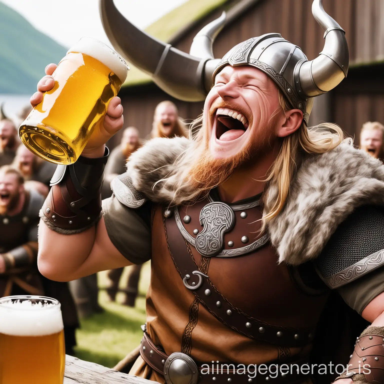 a viking laughing out loud with a beer in his hand