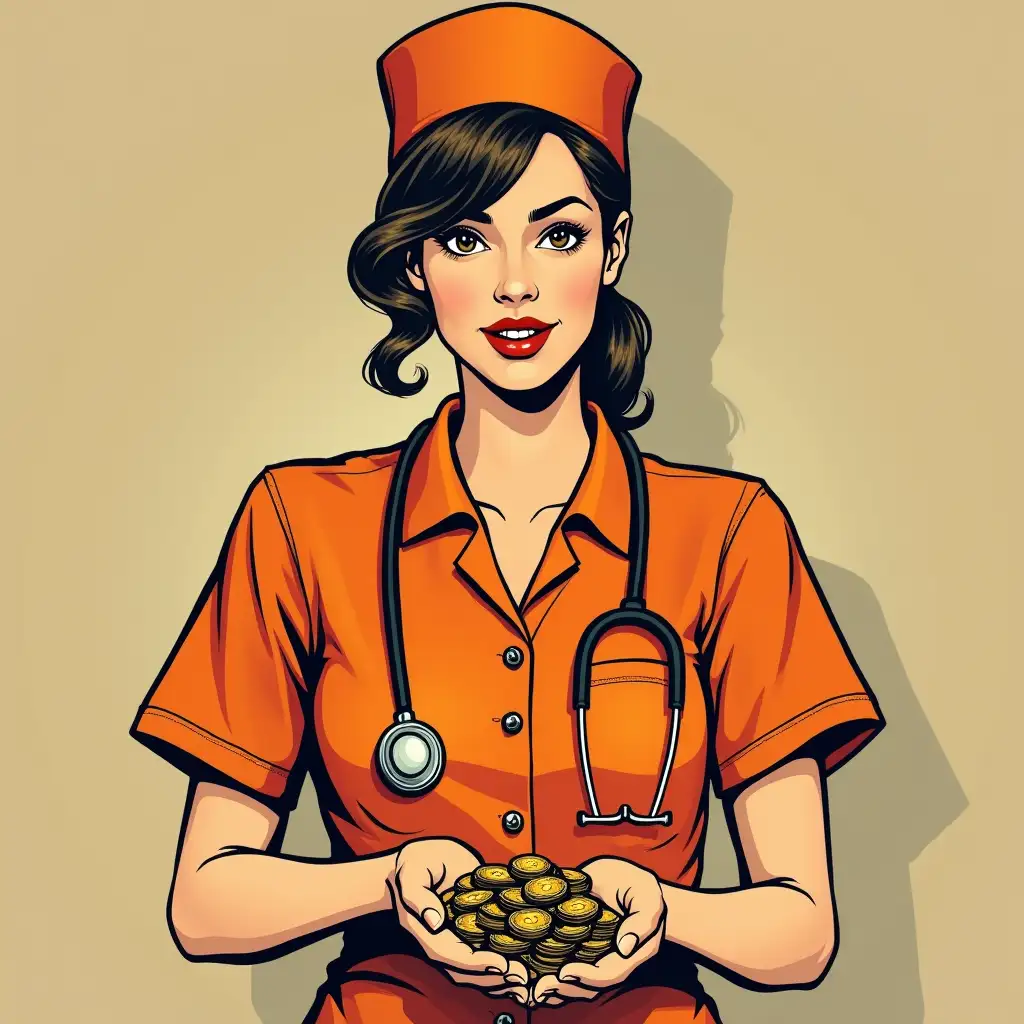 A nurse in an orange shirt holds coins in a pop art style in both hands