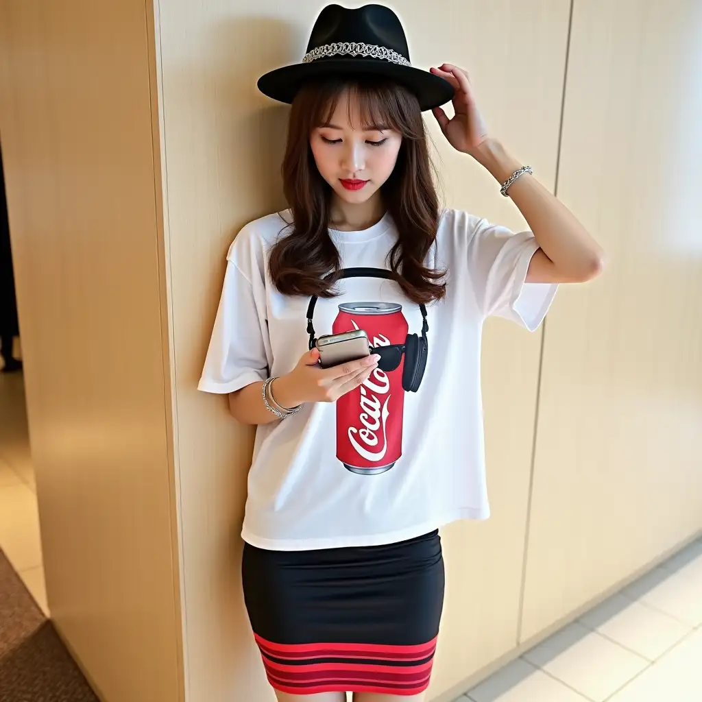 Young-Asian-Woman-in-Fashionable-Black-Fedora-and-Graphic-CocaCola-Tshirt-Pose-Indoors